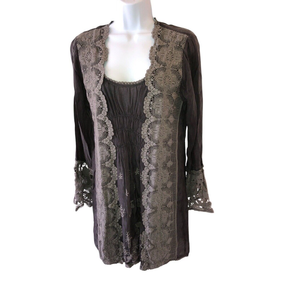 Johnny Was rayon pewter embroidered lace eyelet kimono style boho tunic top XS